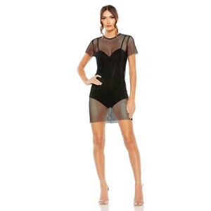 Mac Duggal 30753 Embellished Fish Net Dress Short Sleeves Black Size 2 NWT